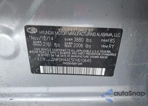 2015 Hyundai Elantra Se from USA, damaged, VIN 5NPDH4AE5FH610645
